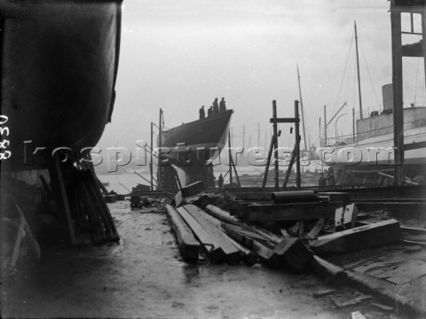 The JClass yacht Shamrock V owned by Sir Thomas Lipton on the slipway in 1930