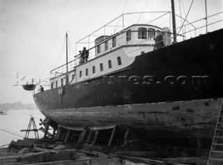 A motor yacht on the slipway at Camper & Nicholsons yard in Gosport in 1936