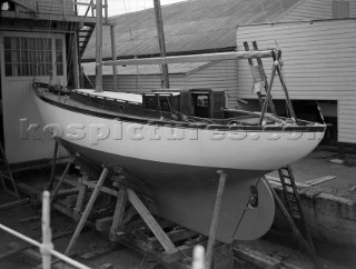 Cruising yacht on a slipway at Mays Yard in Lymington (now known as Berthons) in 1939