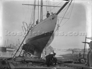A large yacht on a slipway in the 1930s