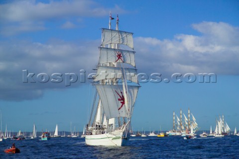 Shebab Oman at The start of the falmouth to portugal tall ship race