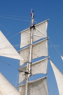 the rigging of Shabab Oman a barquentine at The start of the falmouth to portugal tall ship race