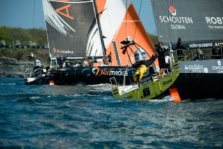 VIP guest on board, Kenny Read, jumping off BRUNEL during the start of the Volvo Ocean Race: Newport - Lisbon leg.