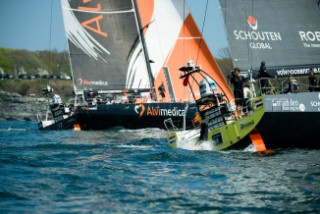 VIP guest on board, Kenny Read, jumping off BRUNEL during the start of the Volvo Ocean Race: Newport - Lisbon leg.