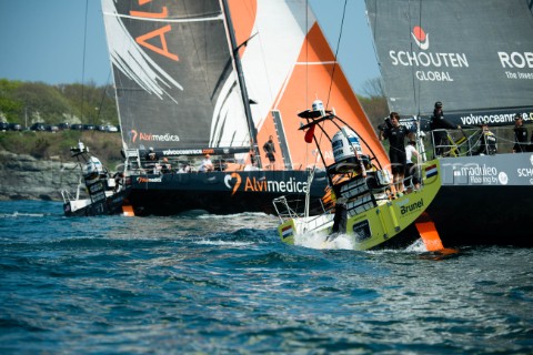 VIP guest on board Kenny Read jumping off BRUNEL during the start of the Volvo Ocean Race Newport  L