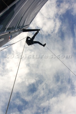 Low angle view of a man climbing a mast