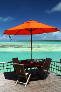Waterfront view at Pearl beach resort on Aitutaki Island, Cook Islands, South Pacific.