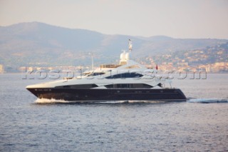 Side view of a superyacht in the mediterranean sea.
