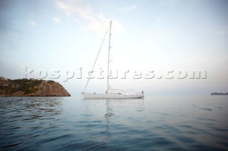 34m superyacht Unfurled at anchor in the mediterranean sea