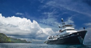 Cruising in Indonesia, superyacht Asteria at anchor in Wagmab