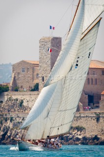 Antibes, France, 3 june 2012 Panerai Classic Yacht Challenge - Voiles DAntibes 2012Moonbeam IV with Antibes in the background