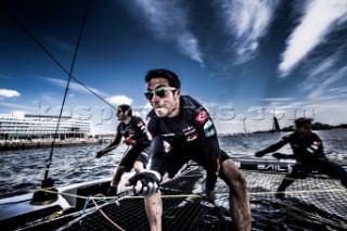 2015 Extreme Sailing Series - Act 5 - Hamburg.Team Turx skippered by Edhem Dirvana (TUR) and Mitch Booth (AUS) and crewed by Selim Kakis (TUR), Diogo Cayolla (POR) and Pedro Andrade (POR).