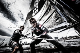 2015 Extreme Sailing Series - Act 5 - Hamburg.Team Turx skippered by Edhem Dirvana (TUR) and Mitch Booth (AUS) and crewed by Selim Kakis (TUR), Diogo Cayolla (POR) and Pedro Andrade (POR).