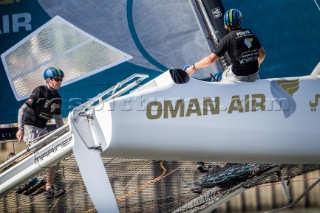 2015 Extreme Sailing Series - Act 5 - Hamburg.Oman Air skippered by Stevie Morrison (GBR) and crewed by Nic Asher (GBR), Ed Powys (GBR), Ted Hackney (AUS) and Ali Al Balushi (OMA)