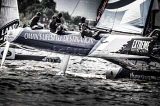 2015 Extreme Sailing Series - Act 5 - Hamburg.The Wave, Muscat skippered by Leigh McMillan (GBR) and crewed by Sarah Ayton (GBR), Pete Greenhalgh (GBR), Ed Smyth (NZL), Nasser Al Mashari (OMA).