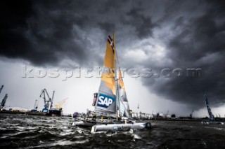 2015 Extreme Sailing Series - Act 5 - Hamburg.SAP Extreme Sailing Team skippered by Jes Gram-Hansen (DEN) and Rasmus KÂ¯stner (DEN) and crewed by Mads Emil Stephensen (DEN), Herve Cunningham (FRA) and Nicholai Sehested (DEN).