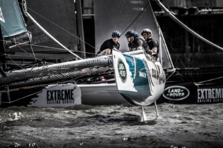 2015 Extreme Sailing Series - Act 5 - Hamburg.Oman Air skippered by Stevie Morrison (GBR) and crewed by Nic Asher (GBR), Ed Powys (GBR), Ted Hackney (AUS) and Ali Al Balushi (OMA)