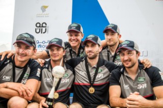 Louis Vuitton Americas Cup World Series Oman 2016. Prize giving ceremony, 28th of February 2016. Land Rover BAR, Ben Ainslie, Paul Campbell-James, Giles Scott, Nick Hutton,  David Carr. Muscat ,The Sultanate of Oman.