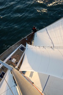 Anton Muzik stands at the bow while sailing aboard the Swan 48 sloop, COLIBRI, on the waters of San Francisco Bay on October 21, 2008.
