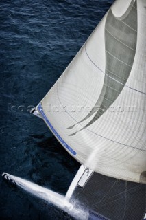 LA Trinite-sur-Mer, FR, FEBRUARY 15TH 2012: First sail of the MOD70 N05 Spindrift racing in La Trinite-sur-Mer, France.