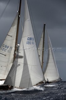Sailing upwind under stormy skies at the Antigua Classic Regatta, 2006.