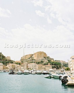 Boats docked in the Bay of Bonifacio on Corsica, France