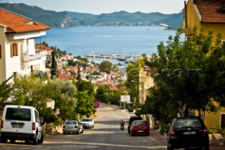A street scene overlooking the Mediterranean Sea in Kas, Turkey.