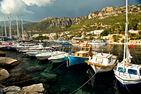 A line of boats in the marina of Kas Turkey