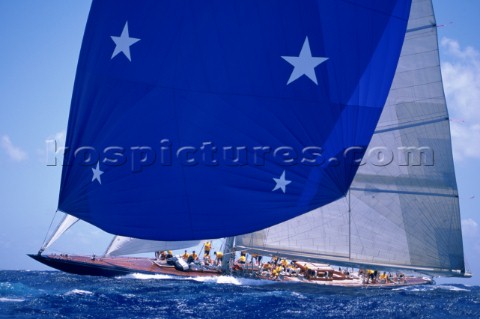 Americas Cup J Class yacht Endeavour sails under spinnaker in the Antigua Classic Yacht Regatta
