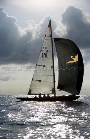 6 Meter Nada sails off the coast of Antigua at dusk