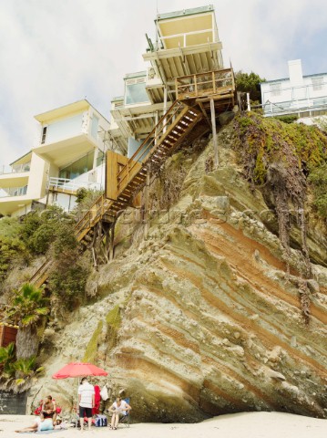 This is a scenic view of a beach observatory with stiffhigh staircase at Laguna beach California
