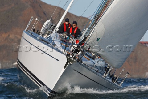 Sean Broe and Anton Muzik mustache sail aboard the Swan 48 sloop COLIBRI near the Golden Gate Bridge