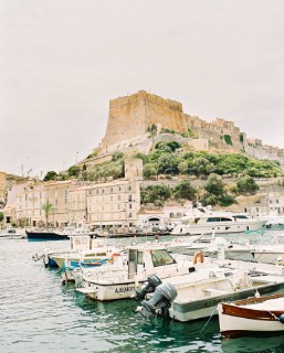 Boats docked in the Bay of Bonifacio on Corsica, France
