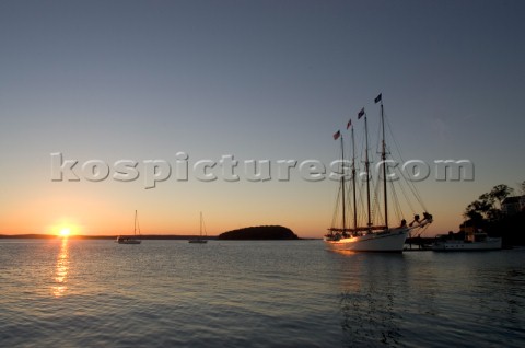 At sunrise the 151 foot four masted Schooner Margaret Todd  that sails the islands of Frenchmans Bay