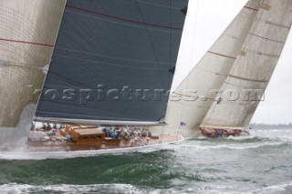 JULY 18 - COWES, UK: the J Class yacht Ranger racing in the J Class Regatta on The Solent, Isle of Wight, UK on July 18th 2012. Winds gusted over 30 knots during a close fought two hour race between four giant yachts built in the 1930s to race in the Americas Cup (Picture by: Kos/Kos Picture Source via Getty Images)