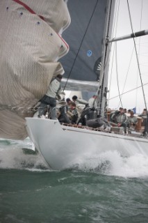 JULY 18 - COWES, UK: the J Class yacht Ranger racing in the J Class Regatta on The Solent, Isle of Wight, UK on July 18th 2012. Winds gusted over 30 knots during a close fought two hour race between four giant yachts built in the 1930s to race in the Americas Cup (Picture by: Kos/Kos Picture Source via Getty Images)