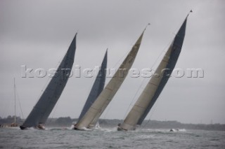 JULY 18 - COWES, UK: Fleet start during racing in the J Class Regatta on The Solent, Isle of Wight, UK on July 18th 2012. Winds gusted over 30 knots during a close fought two hour race between four giant yachts built in the 1930s to race in the Americas Cup (Picture by: Kos/Kos Picture Source via Getty Images)
