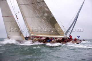 J Class racing in the J Class Regatta on The Solent, Isle of Wight, UK on July 18th 2012. Winds gusted over 30 knots during a close fought two hour race between four giant yachts built in the 1930s to race in the Americas Cup