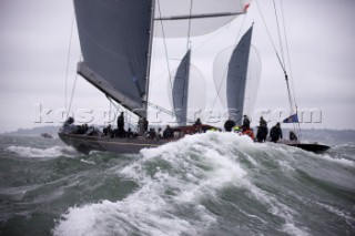 J Class racing in the J Class Regatta on The Solent, Isle of Wight, UK on July 18th 2012. Winds gusted over 30 knots during a close fought two hour race between four giant yachts built in the 1930s to race in the Americas Cup
